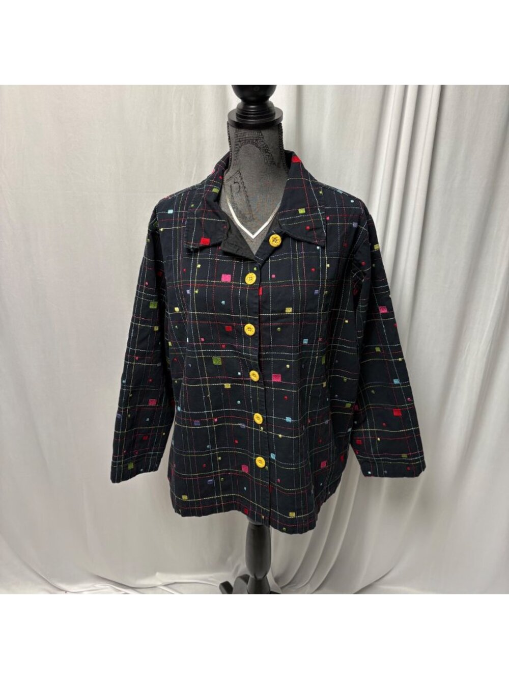 Studio Works Jacket Womens Size 2X Black Multicolor Plaid Button-Up Embroidered
